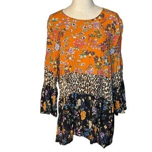 Caleooa Floral Leopard Print Blouse BohemiannBoho Patchwork Tunic XL